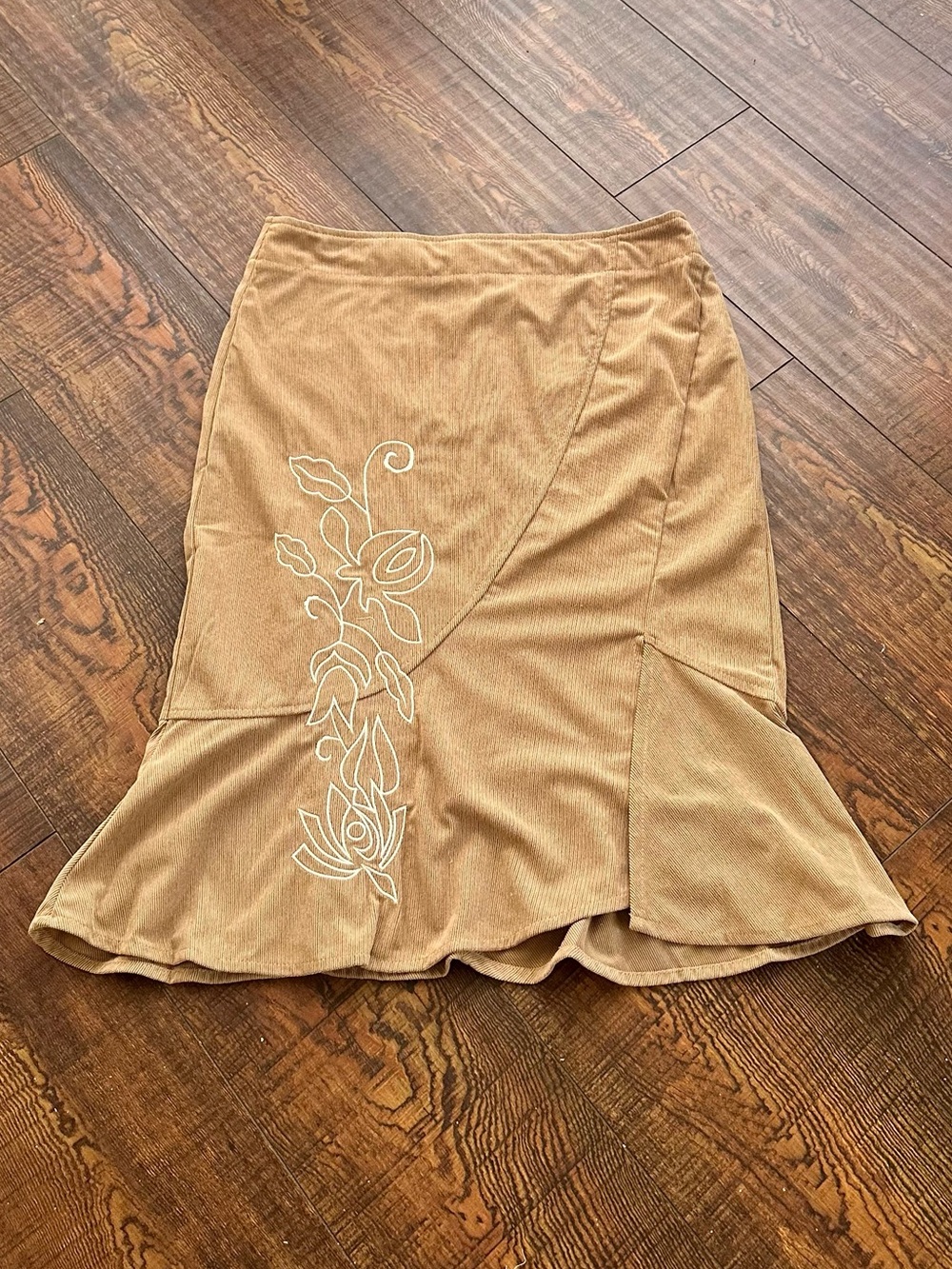 Tan Midi Skirt with White Floral Embroidery